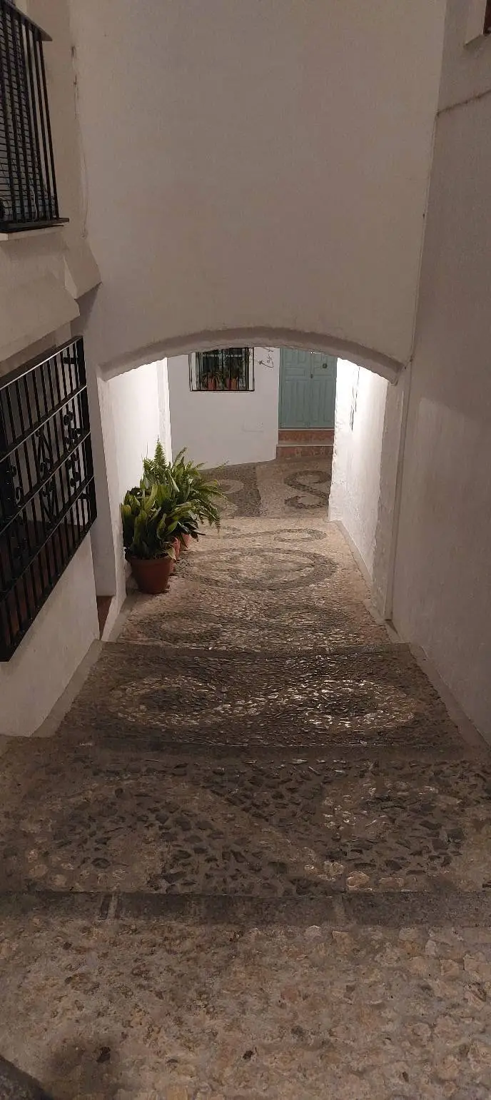 Calle escalonada con arco y mosaico de guijarros en la parte alta del casco antiguo de Frigiliana al anochecer