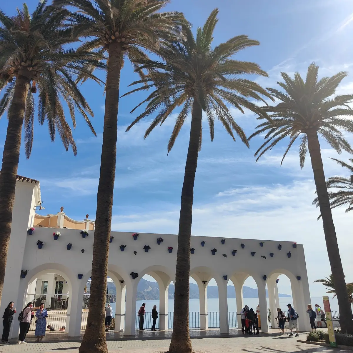 Visitantes bajo las palmeras y la arcada blanca del Balcón de Europa