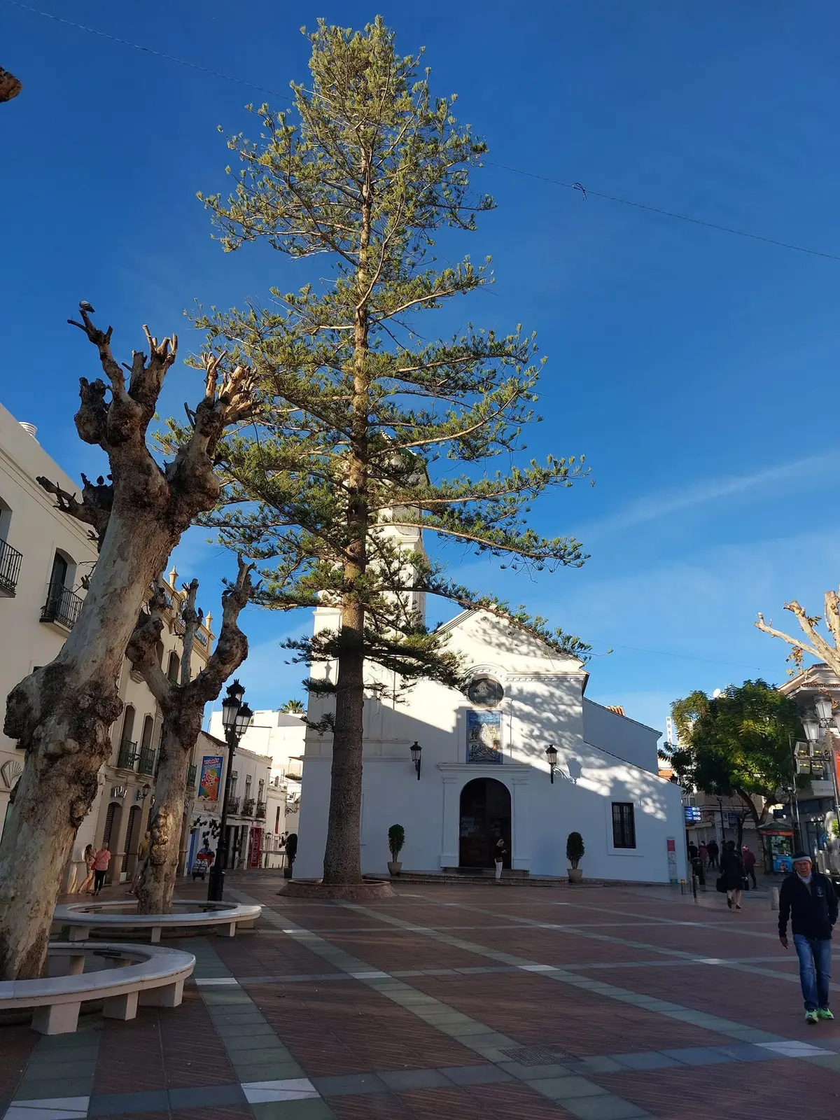 La plaza tranquila junto al Balcón de Europa con la iglesia y una gran araucaria