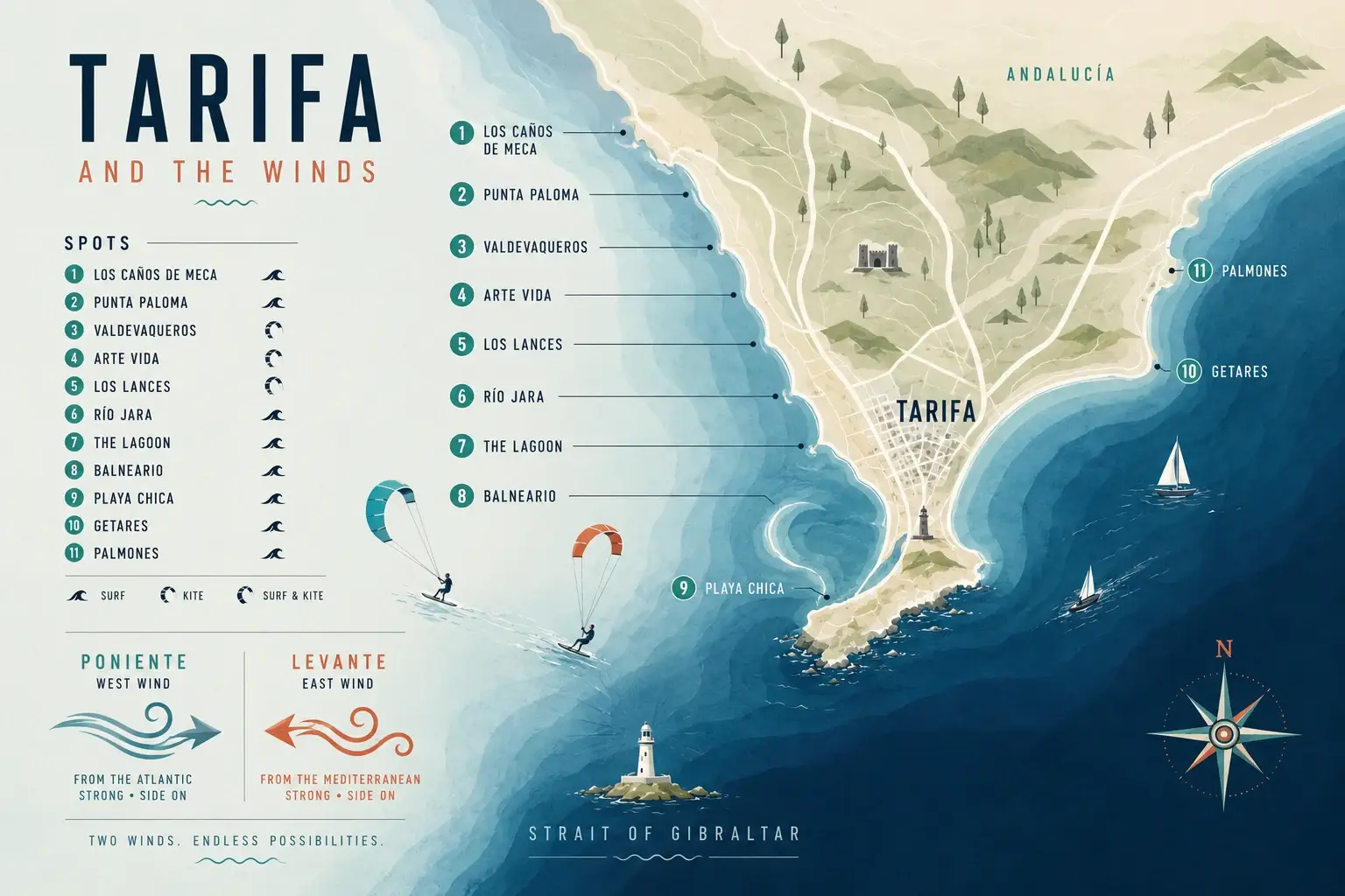 Mapa ilustrado de la costa de Tarifa con los spots numerados de Los Caños de Meca a Palmones, el pueblo, el estrecho de Gibraltar y las dos direcciones de viento, poniente y levante